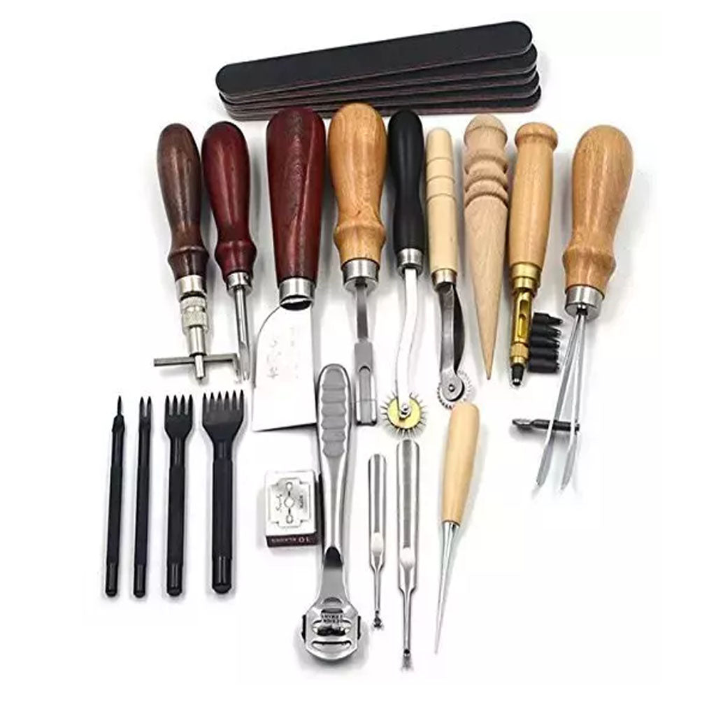 18-piece beginner leatherworking tool kit in a case, including stitching groover, edge beveler, diamond chisels, and stitching wheels and others