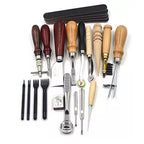 18-piece beginner leatherworking tool kit in a case, including stitching groover, edge beveler, diamond chisels, and stitching wheels and others