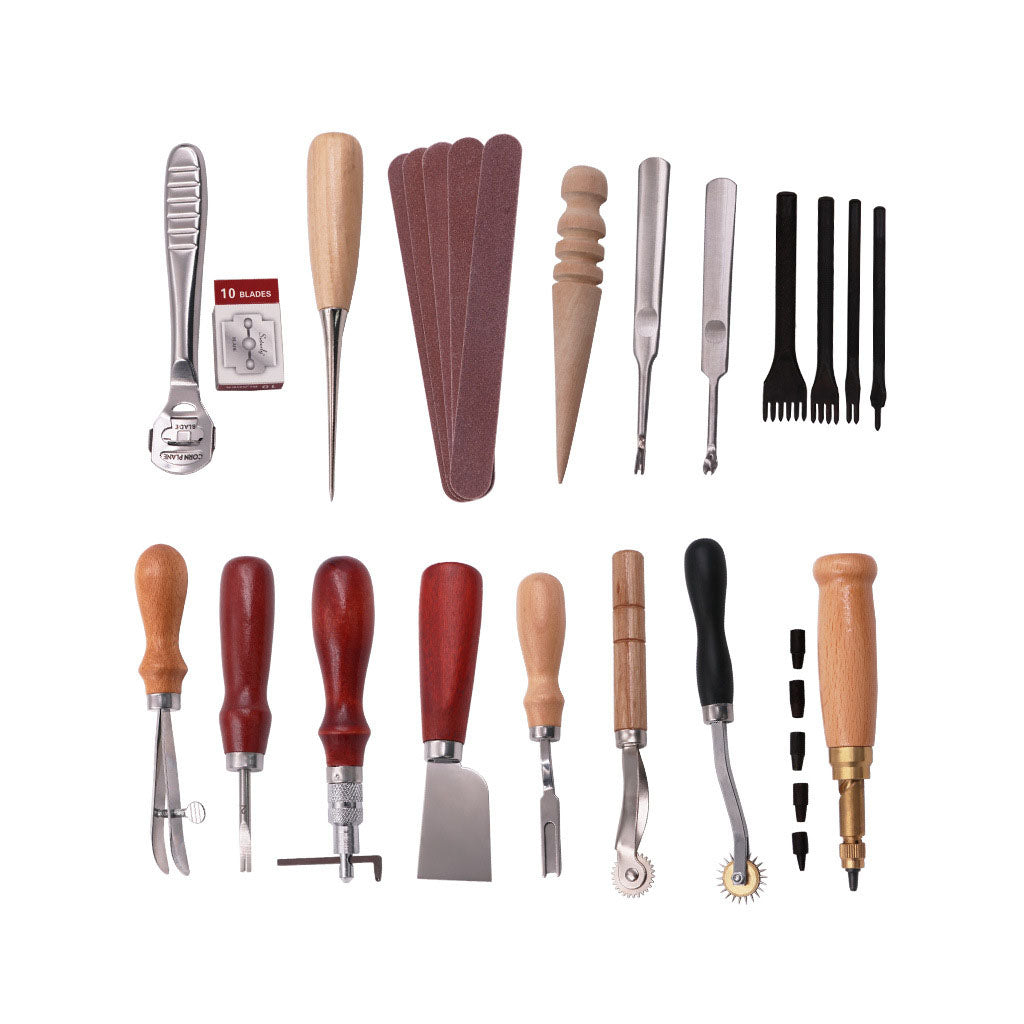 All essential tools for hand-sewing leather goods, perfect for newcomers starting their first wallet or small project