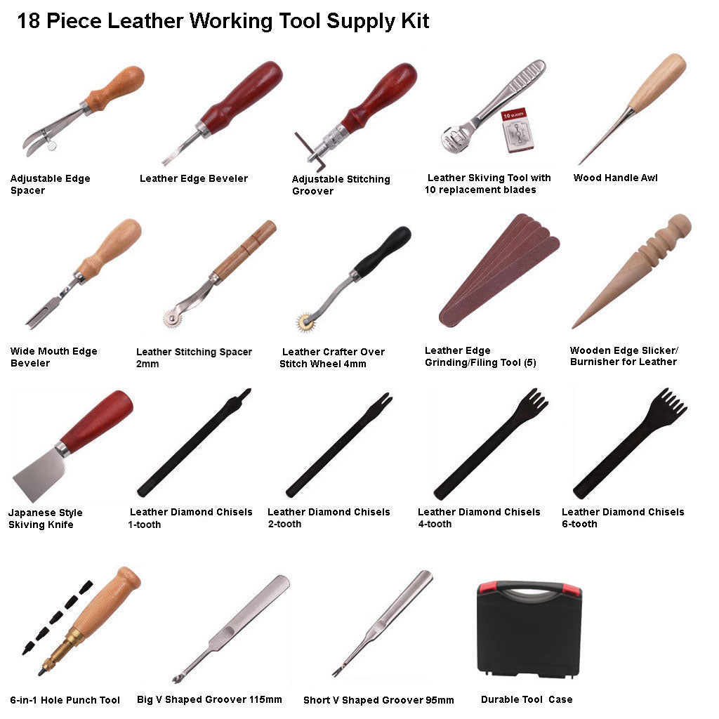 Complete set of 18 leatherworking tools for beginners, including steel and wood-handled tools for grooving, beveling, punching, and marking