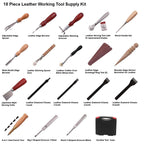 Complete set of 18 leatherworking tools for beginners, including steel and wood-handled tools for grooving, beveling, punching, and marking