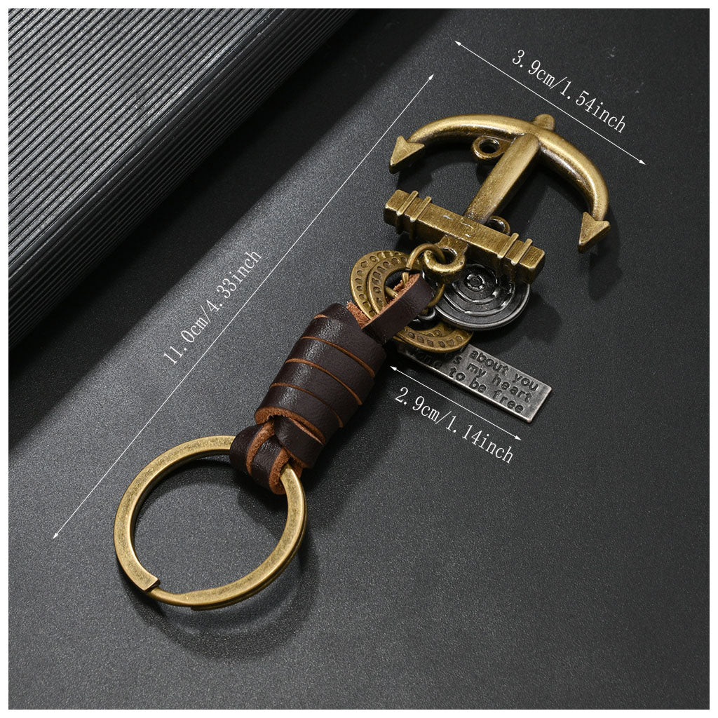Handwoven leather keychain with bronze anchor charm and inspirational engraved metal tags.