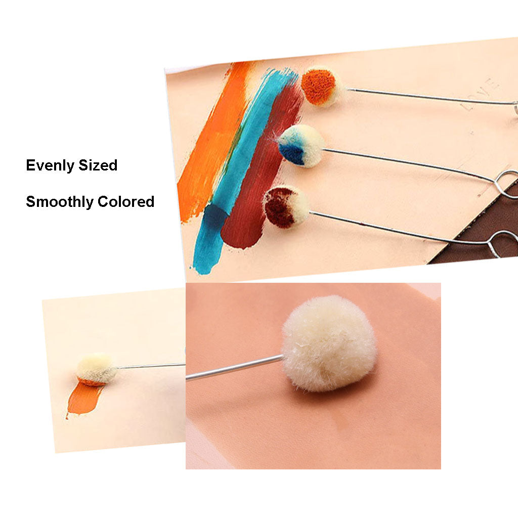 Leatherworking toolkit with 16cm wool dauber, dyes, and edge finishes
Wool dauber resting on stained leather project with clean hands visible