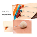 Leatherworking toolkit with 16cm wool dauber, dyes, and edge finishes
Wool dauber resting on stained leather project with clean hands visible