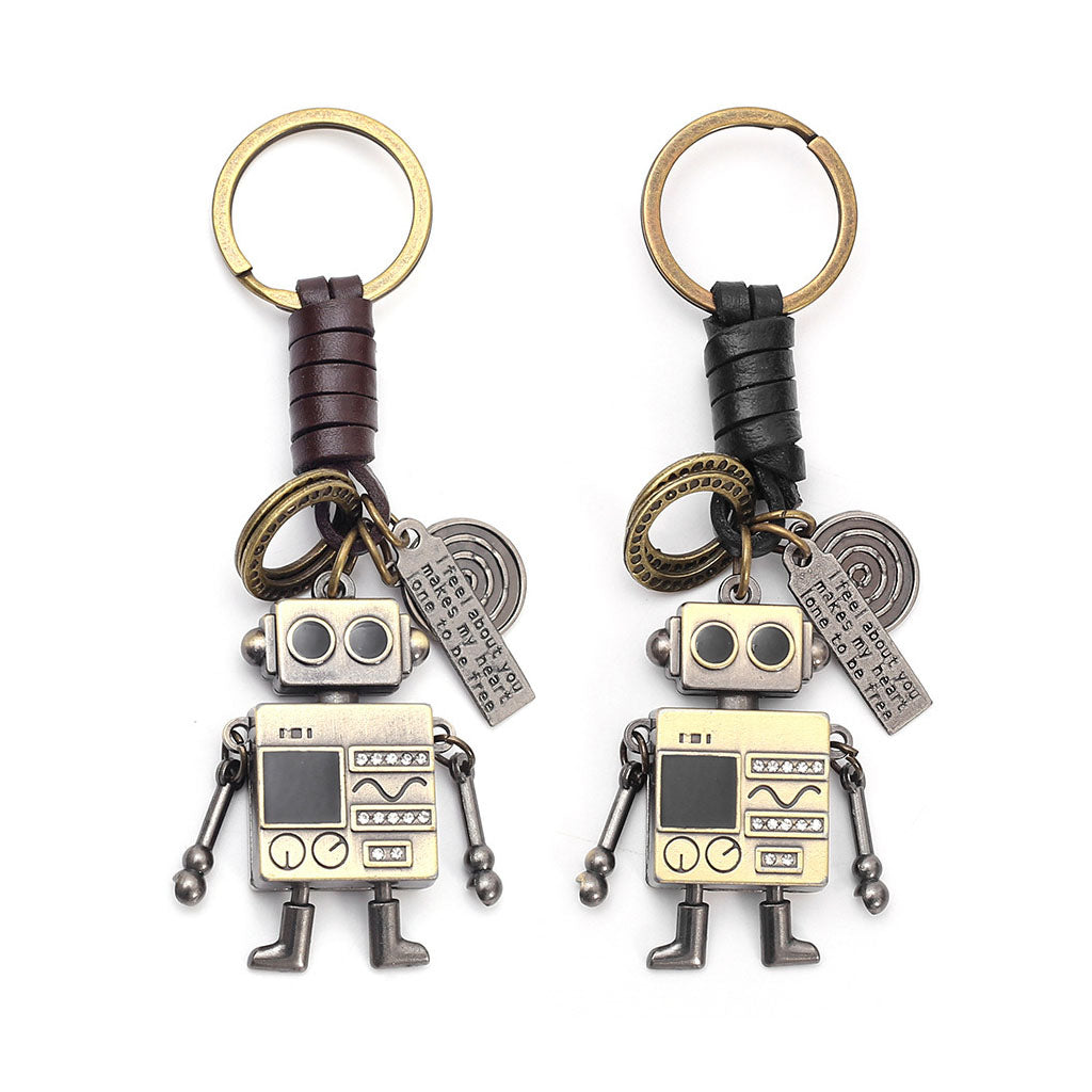 A handcrafted, retro-style robot keychain made of braided genuine leather,  featuring movable limbs, antique bronze finish, and engraved metal plaques "I feel about you"