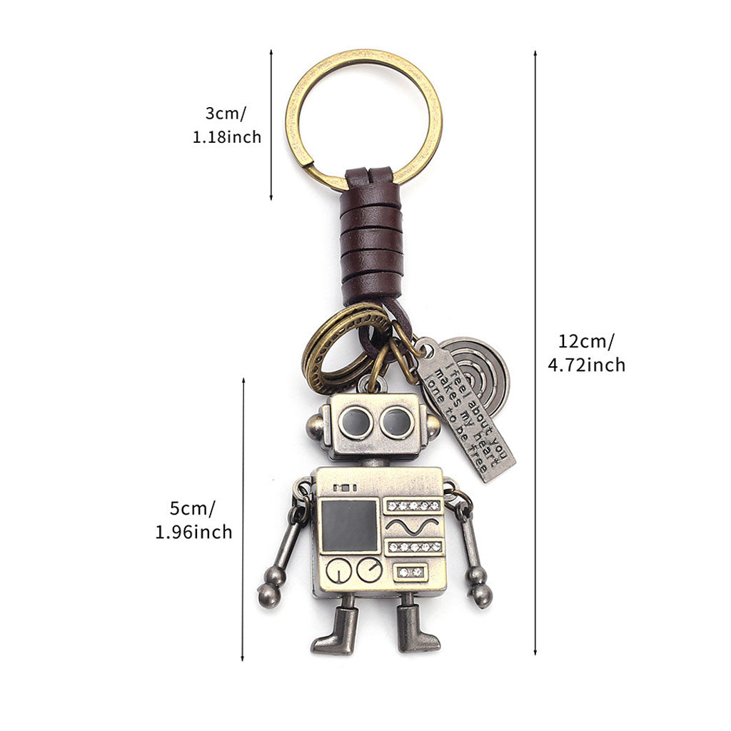 Close-up of a retro robot keychain, showing its movable arms, braided leather cord, and inspirational engraved tags.