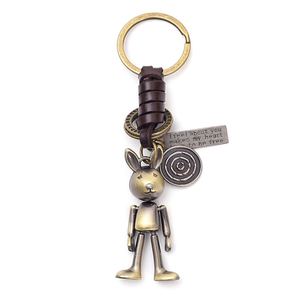 Handwoven Genuine Leather Keychain with Rabbit & Engraved Message